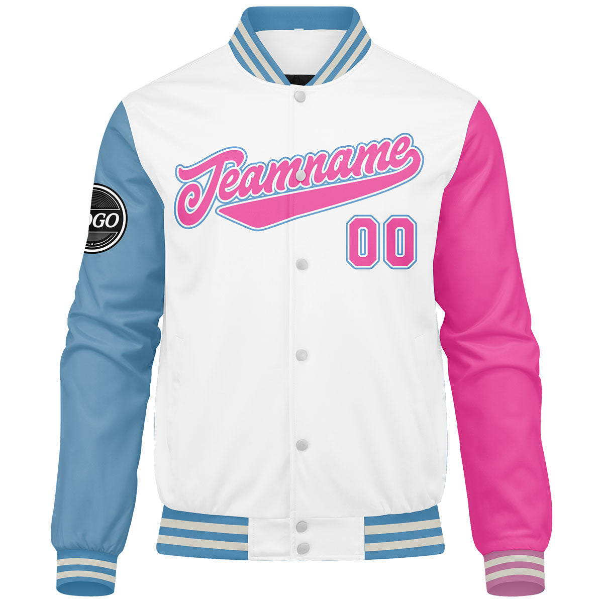 Chaqueta universitaria personalizada estilo Letterman para hombres-mujeres y jóvenes en blanco-azul claro y rosa