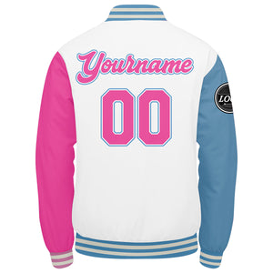 Chaqueta universitaria personalizada estilo Letterman para hombres-mujeres y jóvenes en blanco-azul claro y rosa