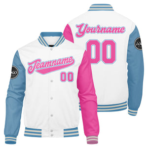 Chaqueta universitaria personalizada estilo Letterman para hombres-mujeres y jóvenes en blanco-azul claro y rosa