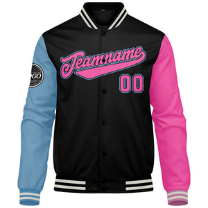 Chaqueta universitaria personalizada estilo Letterman para hombres-mujeres y jóvenes Color negro-azul claro y rosa