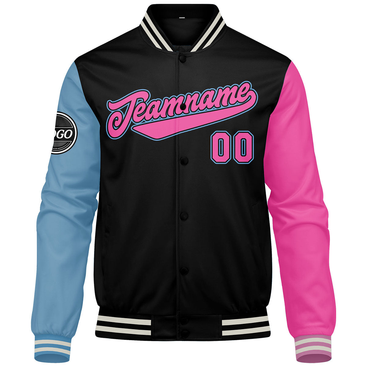 Chaqueta universitaria personalizada estilo Letterman para hombres-mujeres y jóvenes Color negro-azul claro y rosa