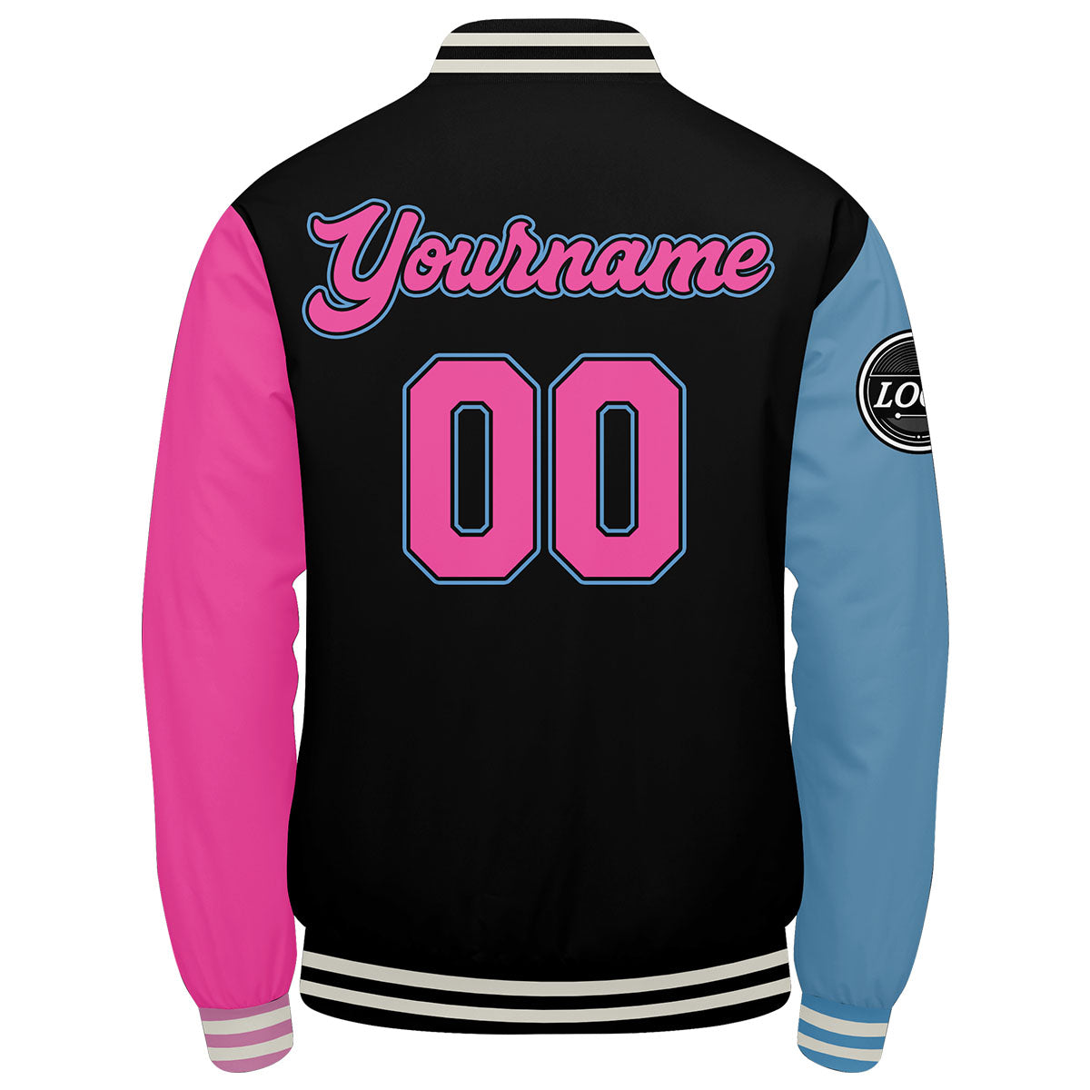 Chaqueta universitaria personalizada estilo Letterman para hombres-mujeres y jóvenes Color negro-azul claro y rosa
