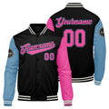 Chaqueta universitaria personalizada estilo Letterman para hombres-mujeres y jóvenes Color negro-azul claro y rosa
