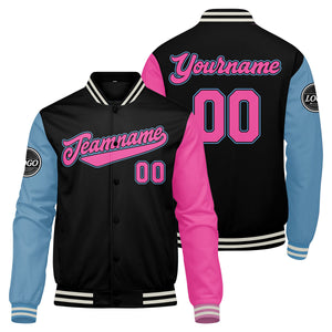 Chaqueta universitaria personalizada estilo Letterman para hombres-mujeres y jóvenes Color negro-azul claro y rosa