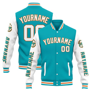 Chaqueta universitaria personalizada estilo Letterman para hombres-mujeres y jóvenes-color verde azulado y blanco