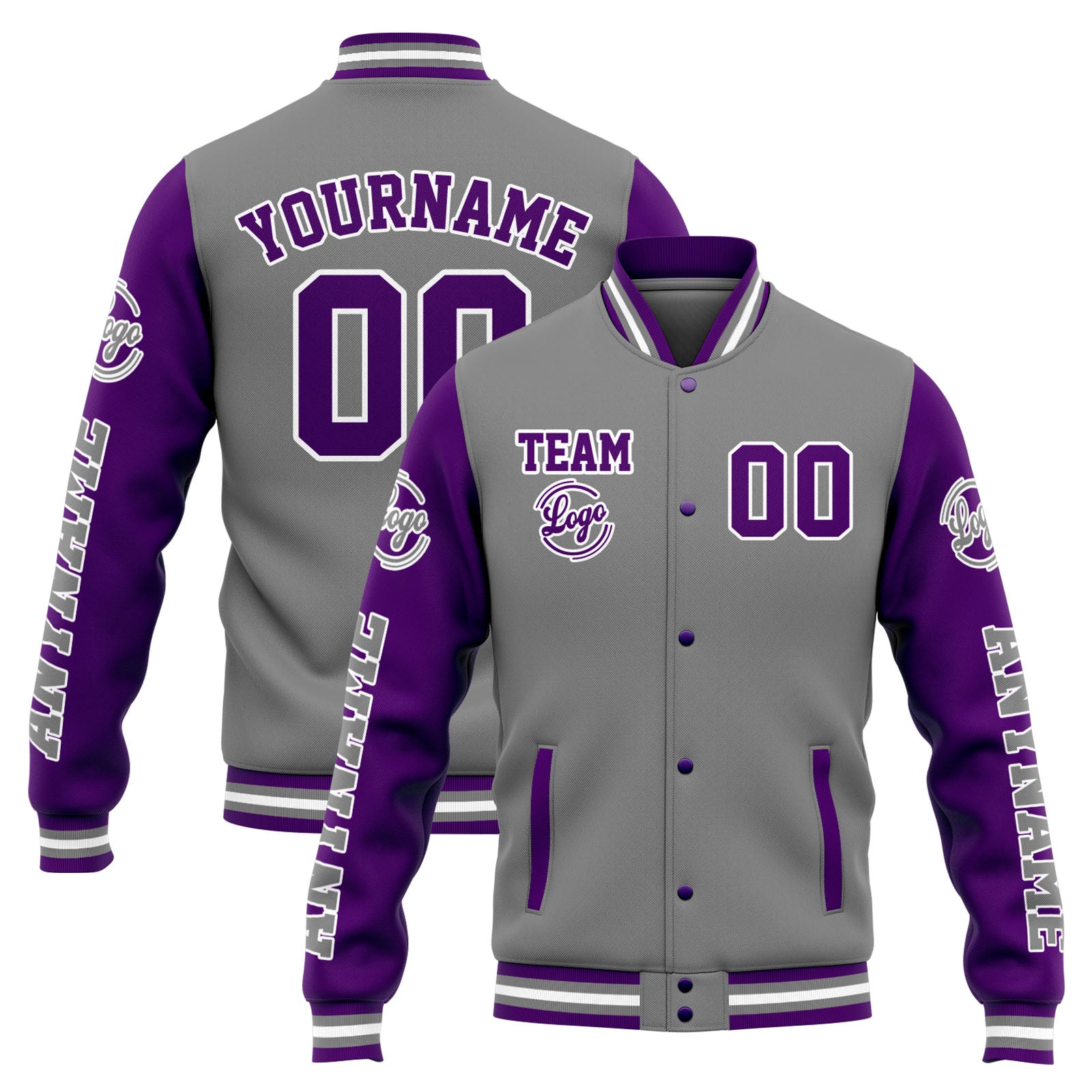Chaqueta universitaria personalizada estilo Letterman para hombres-mujeres y jóvenes-color gris y morado