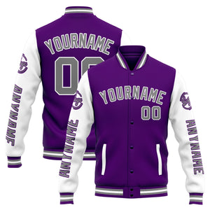 Chaqueta universitaria personalizada estilo Letterman para hombres-mujeres y jóvenes-color morado y blanco