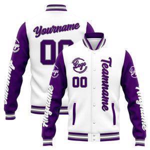 Chaqueta universitaria personalizada estilo Letterman para hombres-mujeres y jóvenes-color blanco y morado