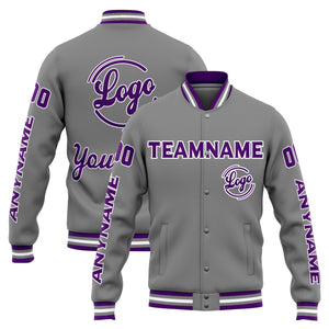 Chaqueta universitaria personalizada estilo Letterman para hombres-mujeres y jóvenes-color gris y morado