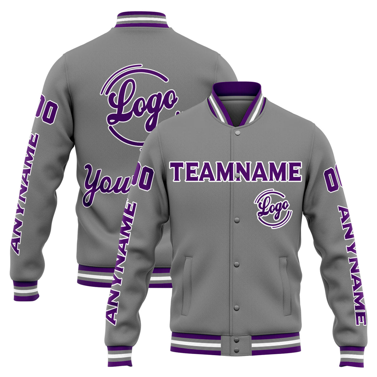 Chaqueta universitaria personalizada estilo Letterman para hombres-mujeres y jóvenes-color gris y morado