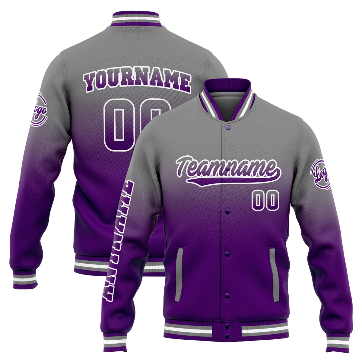 Chaqueta universitaria personalizada estilo Letterman para hombres-mujeres y jóvenes-color gris degradado morado