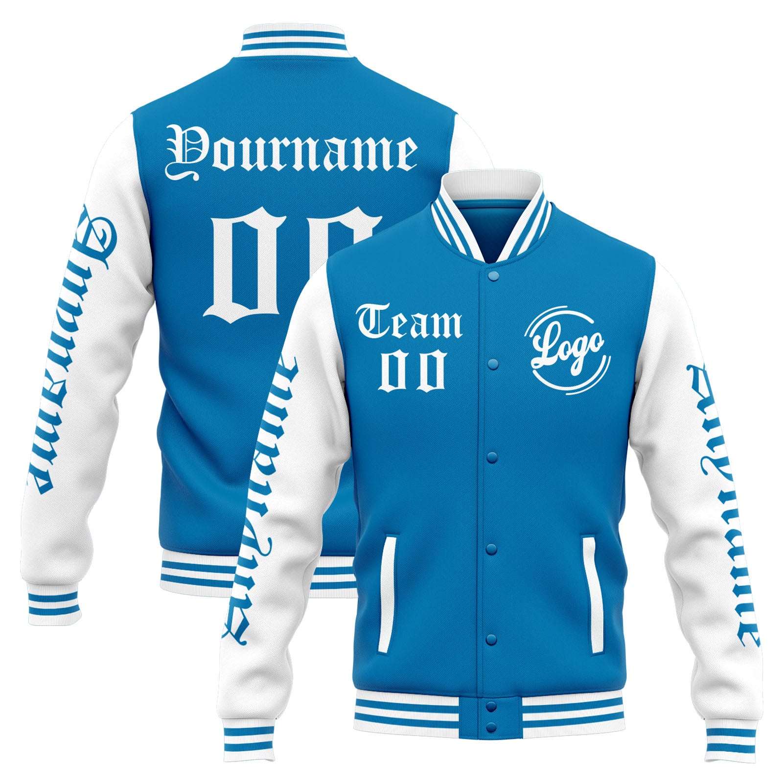 Chaqueta universitaria personalizada estilo Letterman para hombres-mujeres y jóvenes-color azul y blanco