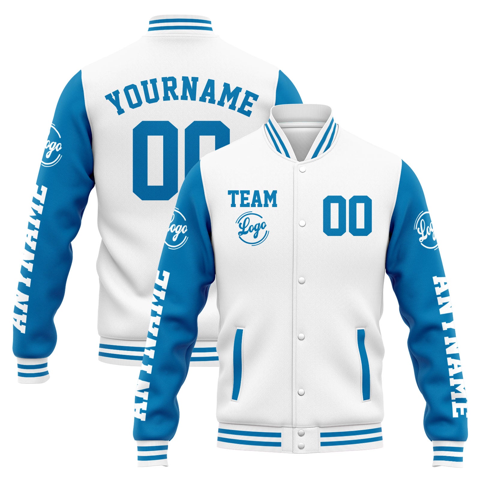 Chaqueta universitaria personalizada estilo Letterman para hombres-mujeres y jóvenes-color blanco y azul