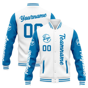 Chaqueta universitaria personalizada estilo Letterman para hombres-mujeres y jóvenes-color blanco y azul