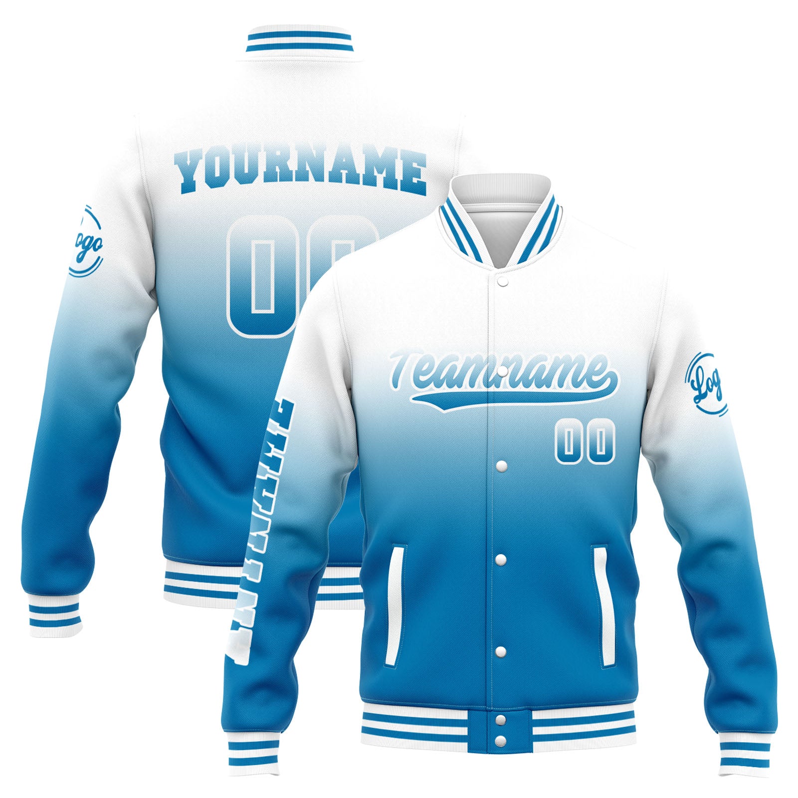 Chaqueta universitaria personalizada estilo Letterman para hombres-mujeres y jóvenes-color blanco con degradado azul