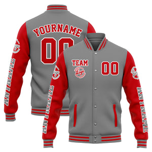Chaqueta universitaria personalizada estilo Letterman para hombres-mujeres y jóvenes-color gris y rojo