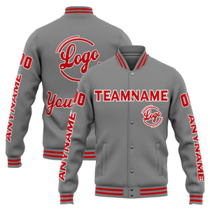 Chaqueta universitaria personalizada estilo Letterman para hombres-mujeres y jóvenes-color gris y rojo