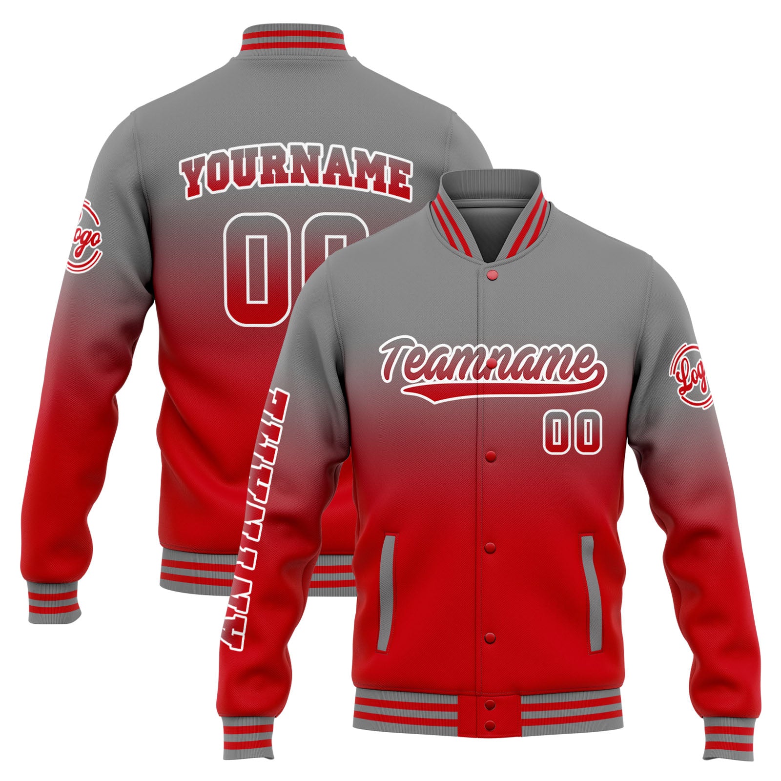 Chaqueta universitaria personalizada estilo Letterman para hombres-mujeres y jóvenes-color gris degradado rojo