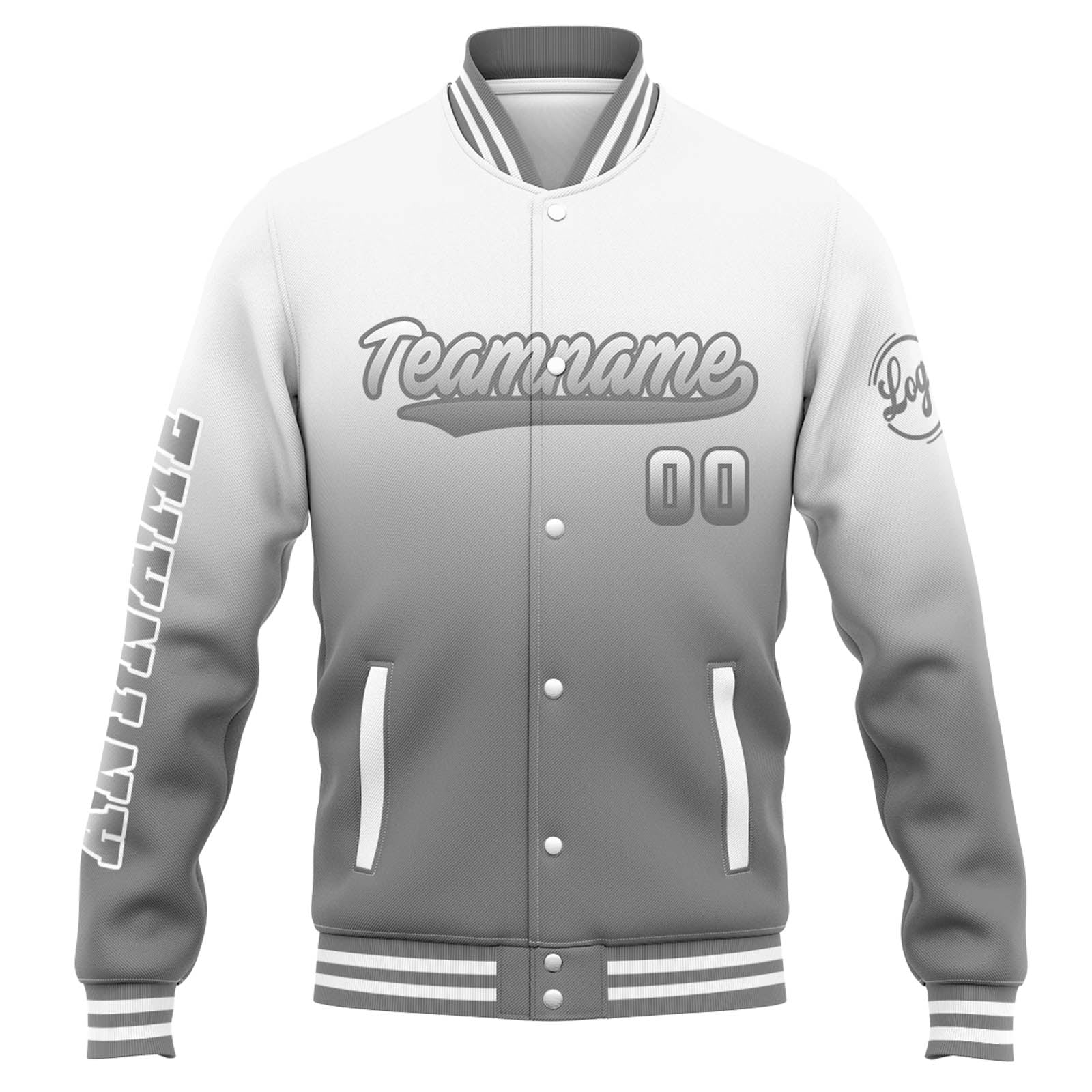 Chaqueta universitaria personalizada estilo Letterman para hombres-mujeres y jóvenes-color blanco y gris degradado