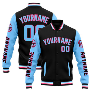Chaqueta universitaria personalizada estilo Letterman para hombres-mujeres y jóvenes-color negro y azul claro