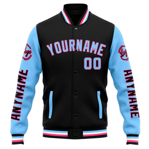 Chaqueta universitaria personalizada estilo Letterman para hombres-mujeres y jóvenes-color negro y azul claro