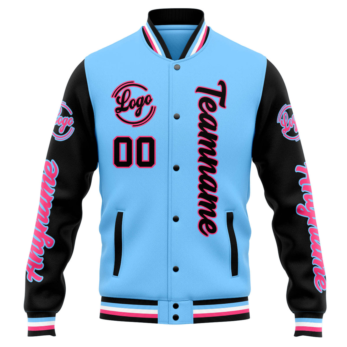 Chaqueta universitaria personalizada estilo Letterman para hombres-mujeres y jóvenes-color azul claro y negro