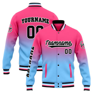 Chaqueta universitaria personalizada estilo Letterman para hombres-mujeres y jóvenes-color rosa con degradado azul claro