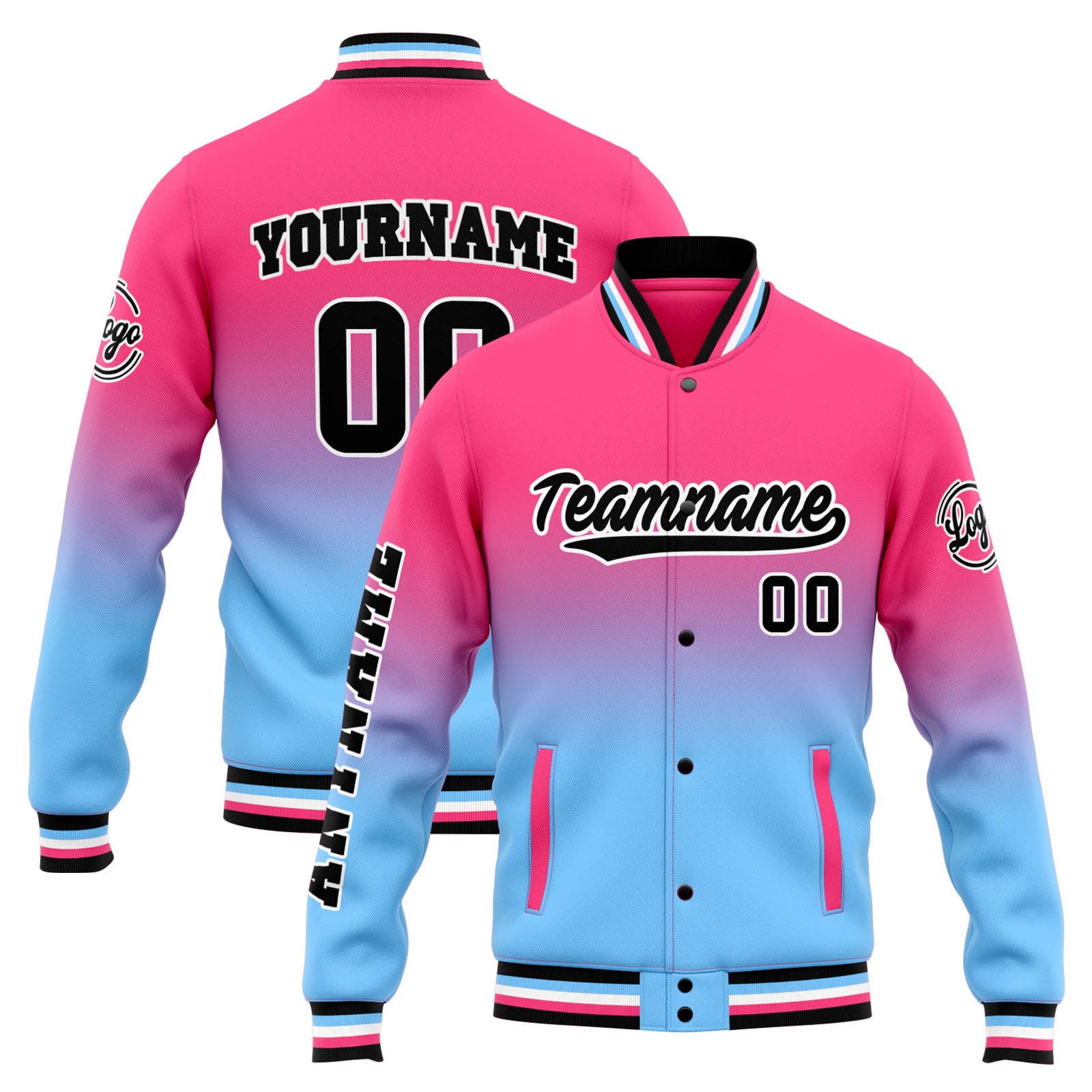 Chaqueta universitaria personalizada estilo Letterman para hombres-mujeres y jóvenes-color rosa con degradado azul claro