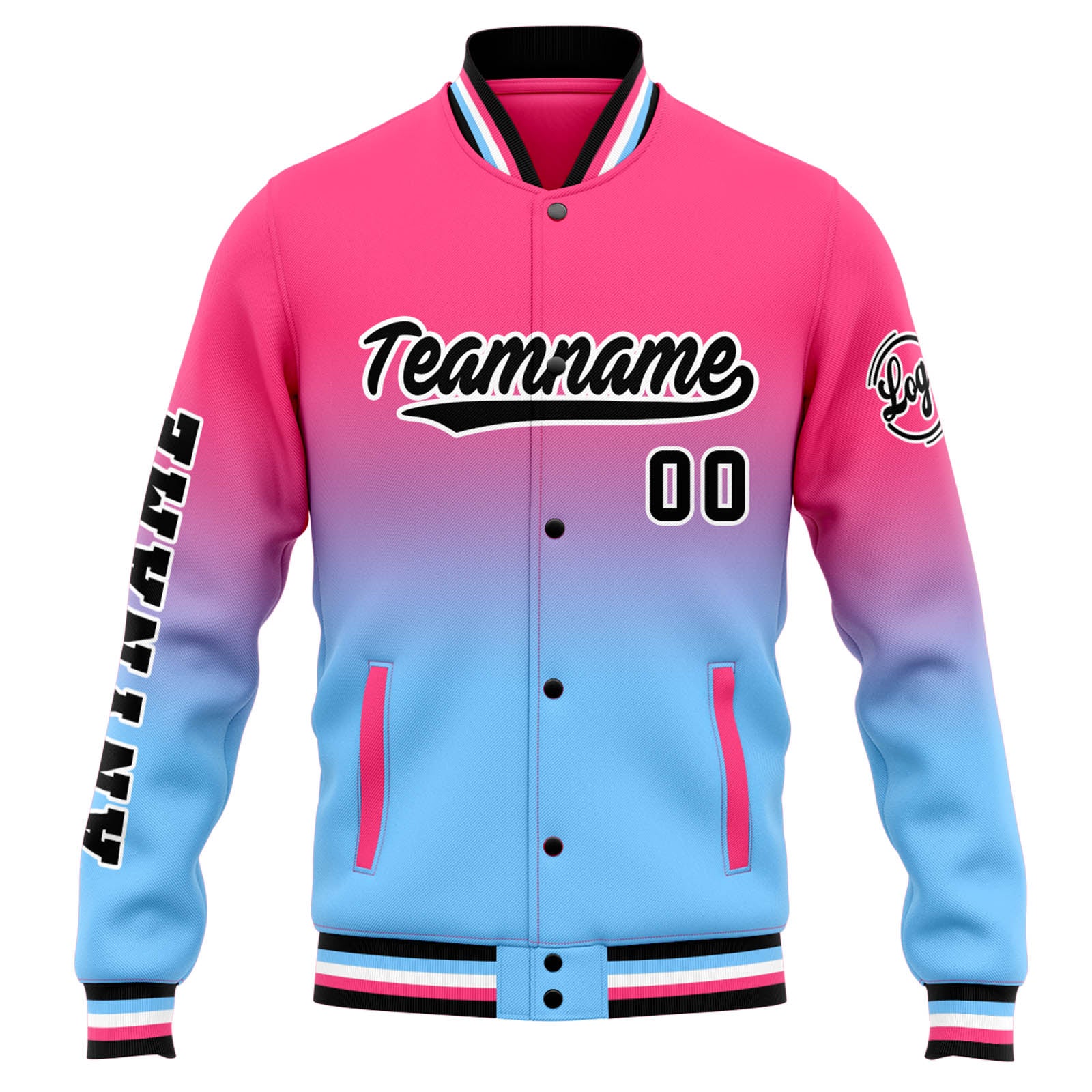 Chaqueta universitaria personalizada estilo Letterman para hombres-mujeres y jóvenes-color rosa con degradado azul claro