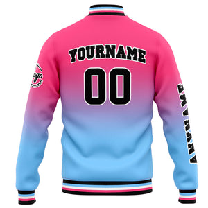 Chaqueta universitaria personalizada estilo Letterman para hombres-mujeres y jóvenes-color rosa con degradado azul claro