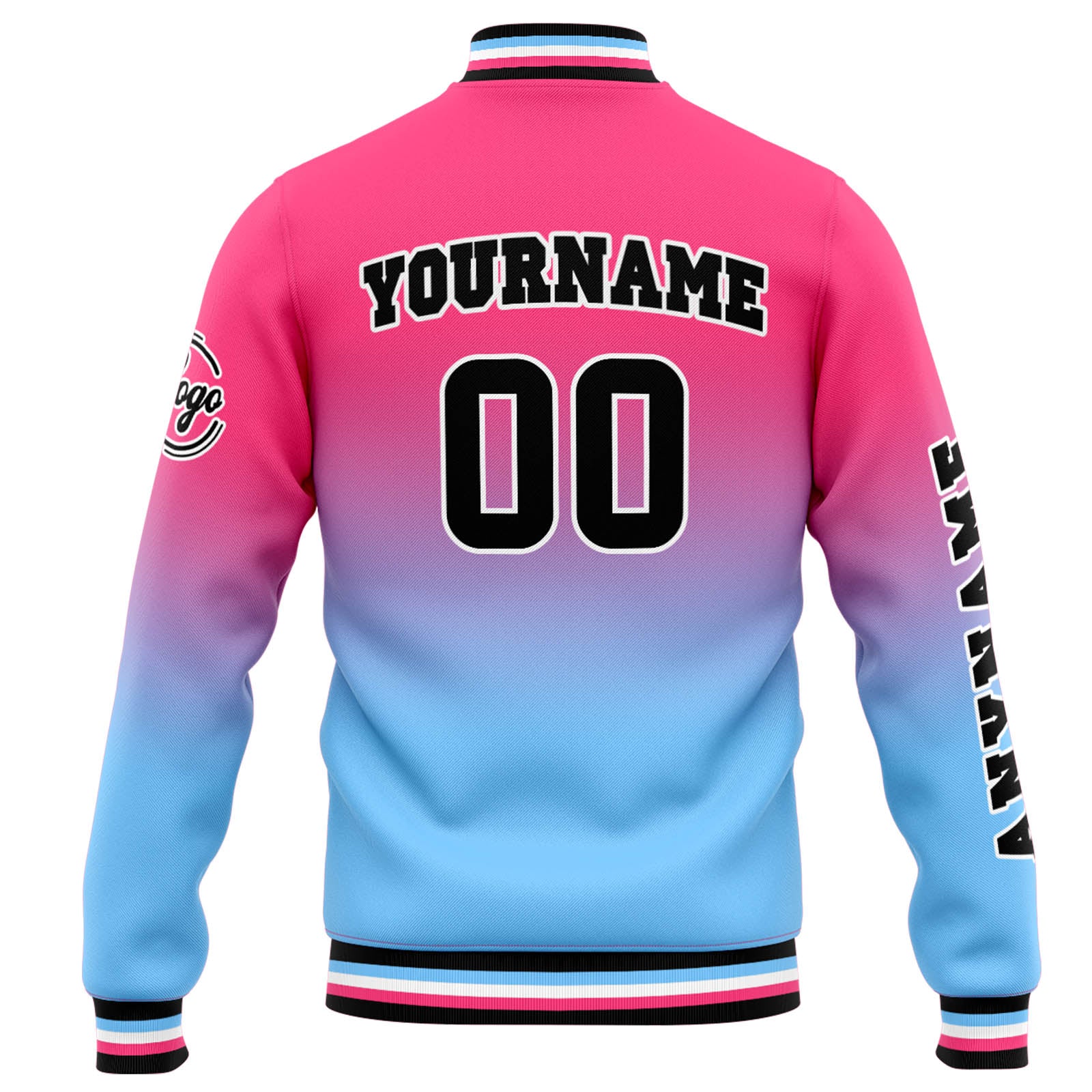 Chaqueta universitaria personalizada estilo Letterman para hombres-mujeres y jóvenes-color rosa con degradado azul claro