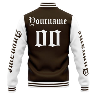 Chaqueta universitaria personalizada estilo Letterman para hombres-mujeres y jóvenes-color marrón y blanco