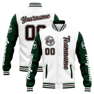 Chaqueta universitaria personalizada estilo Letterman para hombres-mujeres y jóvenes en colores blanco-verde y marrón