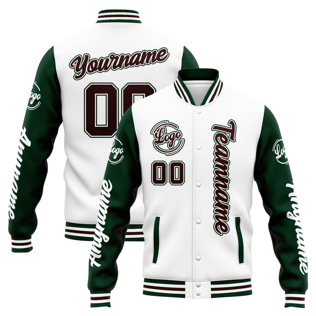 Chaqueta universitaria personalizada estilo Letterman para hombres-mujeres y jóvenes en colores blanco-verde y marrón