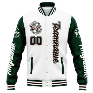 Chaqueta universitaria personalizada estilo Letterman para hombres-mujeres y jóvenes en colores blanco-verde y marrón