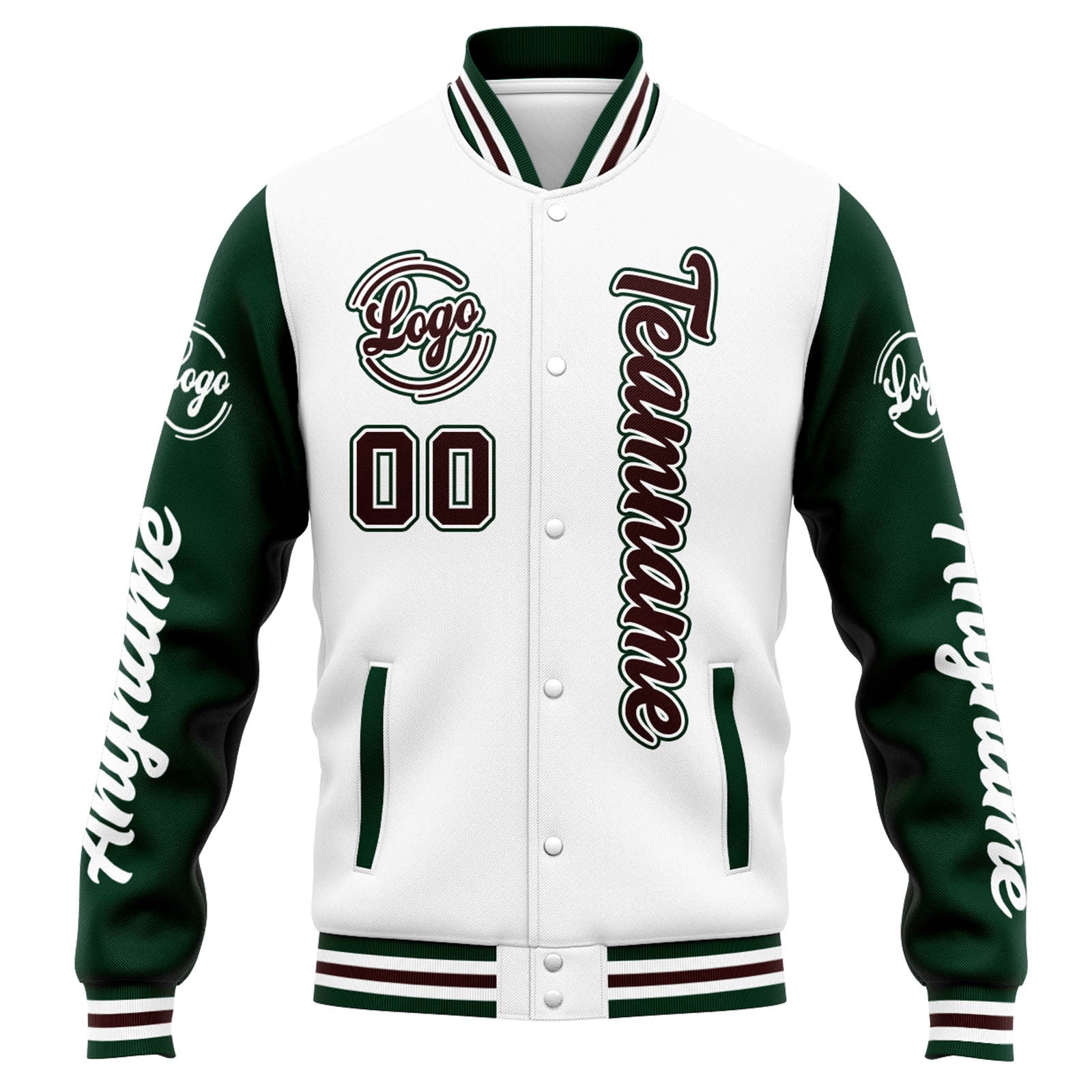 Chaqueta universitaria personalizada estilo Letterman para hombres-mujeres y jóvenes en colores blanco-verde y marrón
