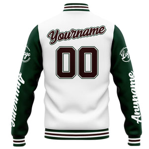 Chaqueta universitaria personalizada estilo Letterman para hombres-mujeres y jóvenes en colores blanco-verde y marrón