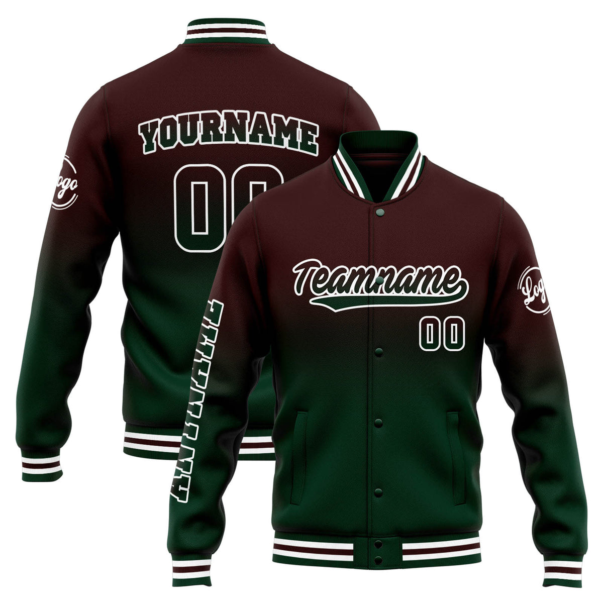 Chaqueta universitaria personalizada estilo Letterman para hombres-mujeres y jóvenes-color marrón degradado verde