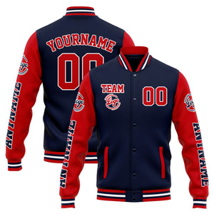 Chaqueta universitaria personalizada estilo Letterman para hombres-mujeres y jóvenes-color azul marino y rojo
