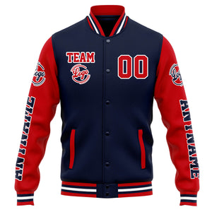 Chaqueta universitaria personalizada estilo Letterman para hombres-mujeres y jóvenes-color azul marino y rojo