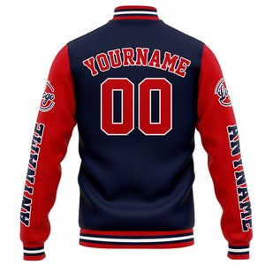 Chaqueta universitaria personalizada estilo Letterman para hombres-mujeres y jóvenes-color azul marino y rojo