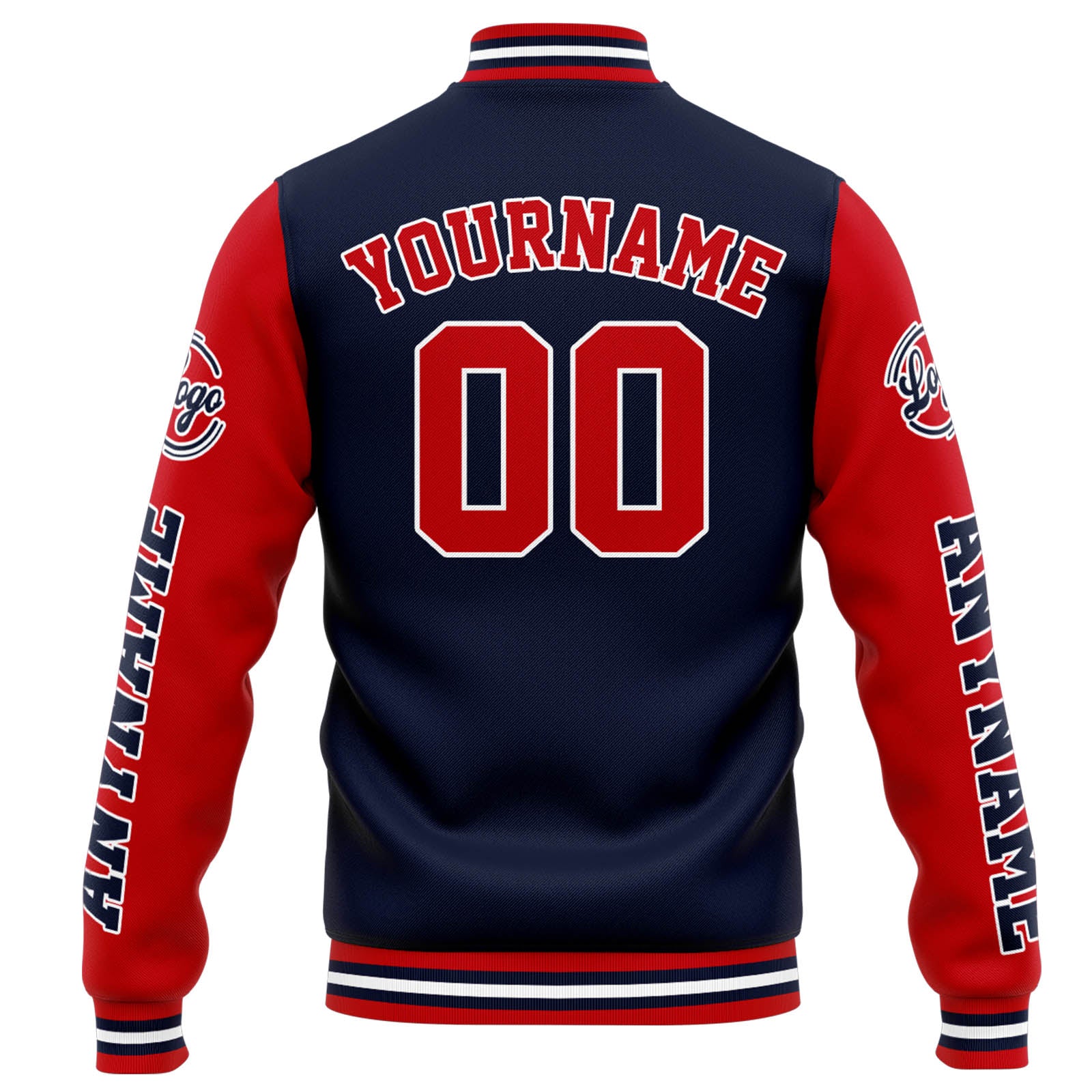 Chaqueta universitaria personalizada estilo Letterman para hombres-mujeres y jóvenes-color azul marino y rojo