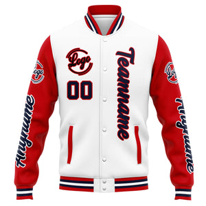 Chaqueta universitaria personalizada estilo Letterman para hombres-mujeres y jóvenes Colores: blanco-rojo y azul marino