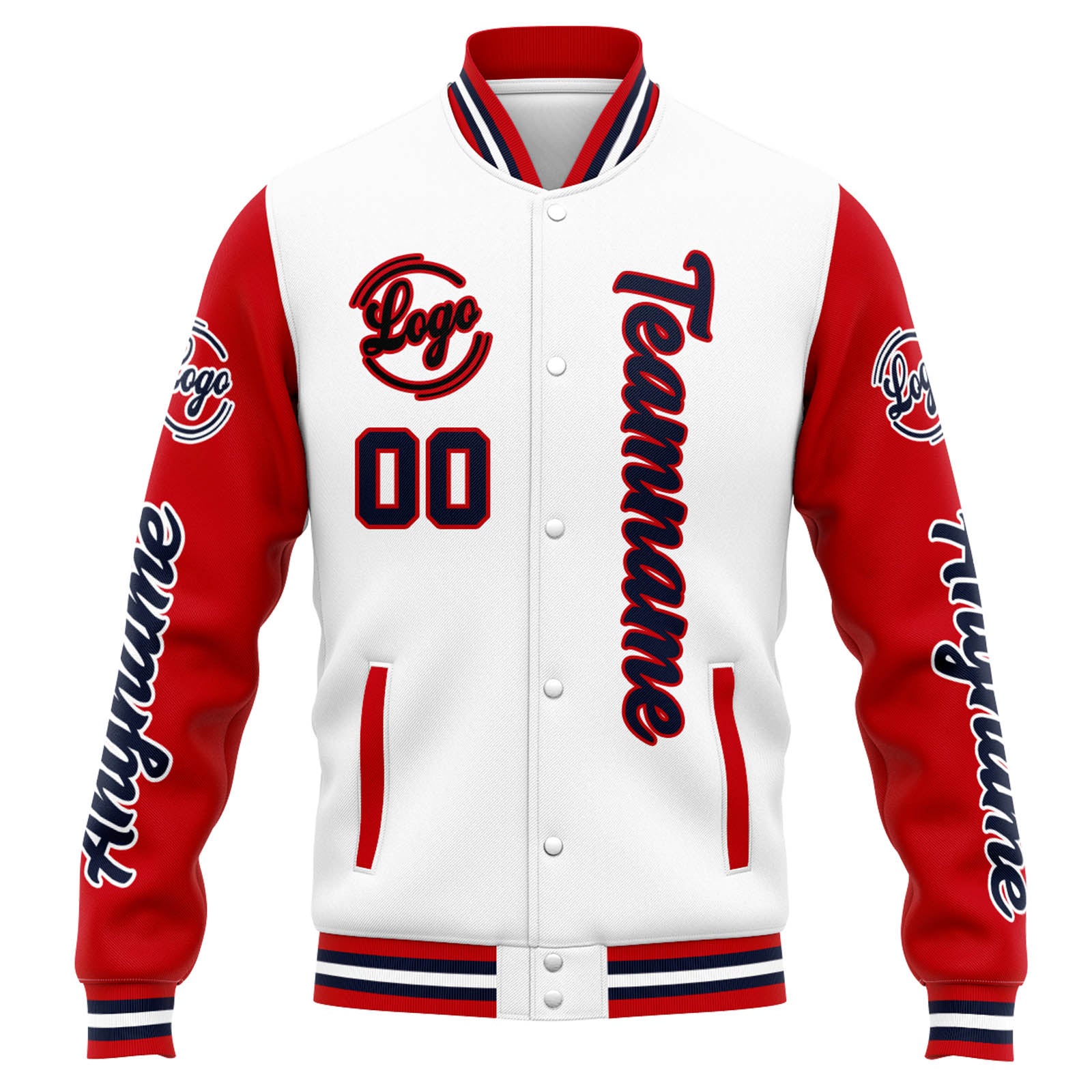 Chaqueta universitaria personalizada estilo Letterman para hombres-mujeres y jóvenes Colores: blanco-rojo y azul marino