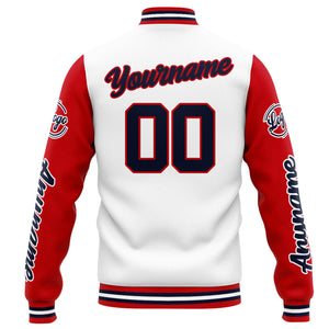 Chaqueta universitaria personalizada estilo Letterman para hombres-mujeres y jóvenes Colores: blanco-rojo y azul marino