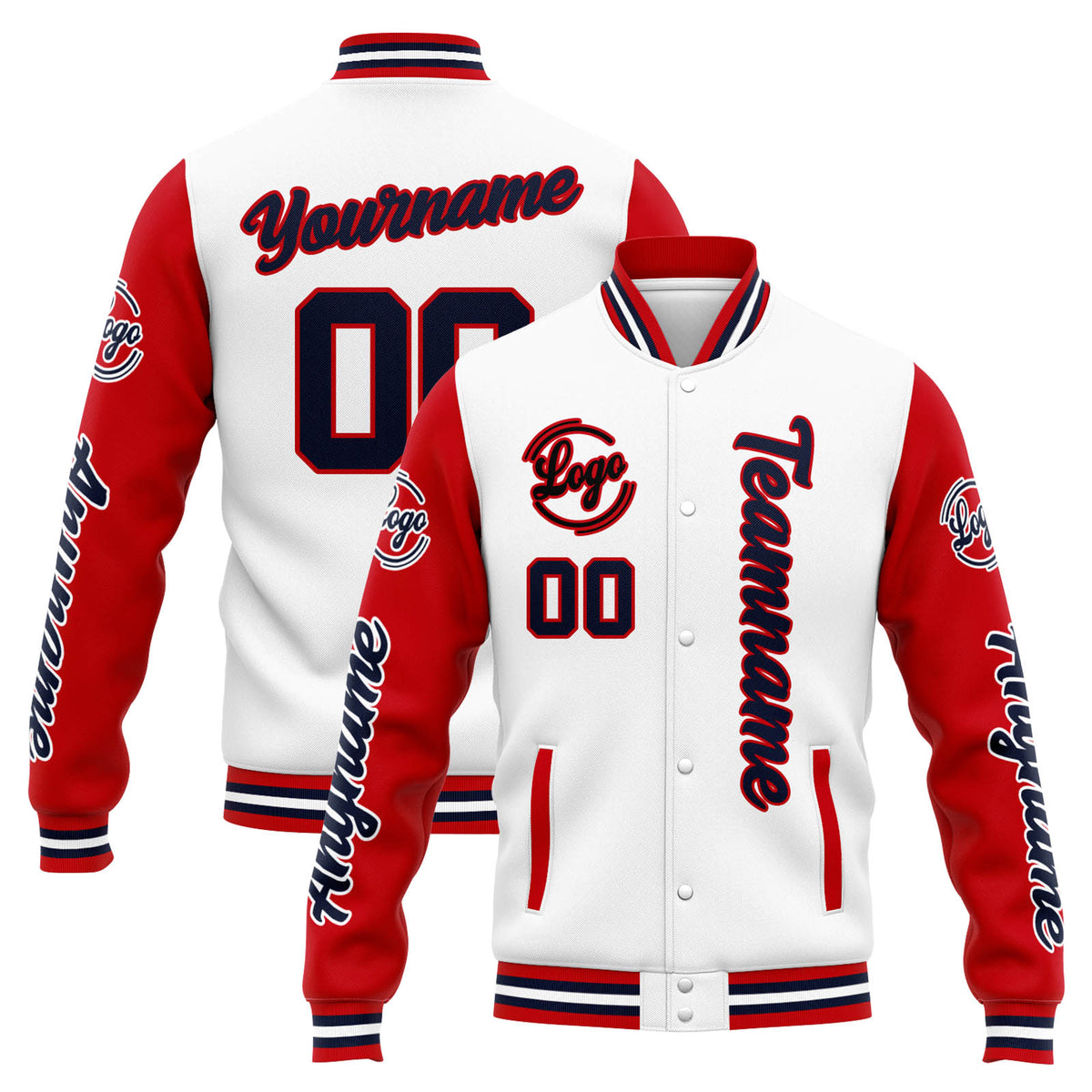 Chaqueta universitaria personalizada estilo Letterman para hombres-mujeres y jóvenes Colores: blanco-rojo y azul marino