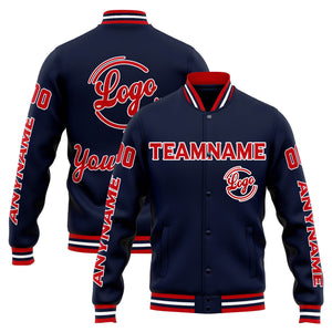 Chaqueta universitaria personalizada estilo Letterman para hombres-mujeres y jóvenes-color azul marino y rojo