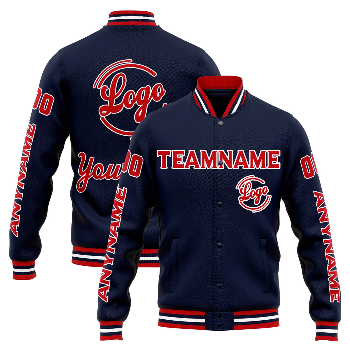 Chaqueta universitaria personalizada estilo Letterman para hombres-mujeres y jóvenes-color azul marino y rojo