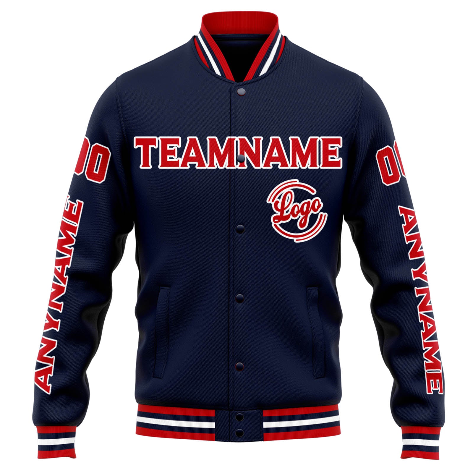 Chaqueta universitaria personalizada estilo Letterman para hombres-mujeres y jóvenes-color azul marino y rojo