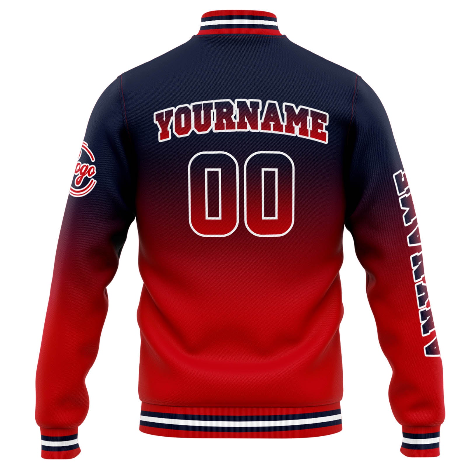 Chaqueta universitaria personalizada estilo Letterman para hombres-mujeres y jóvenes-color azul marino con degradado rojo
